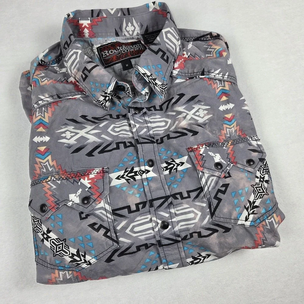 Rock & Roll Cowboy Snap Shirt‎ Men's Medium Aztec Southwest Distressed